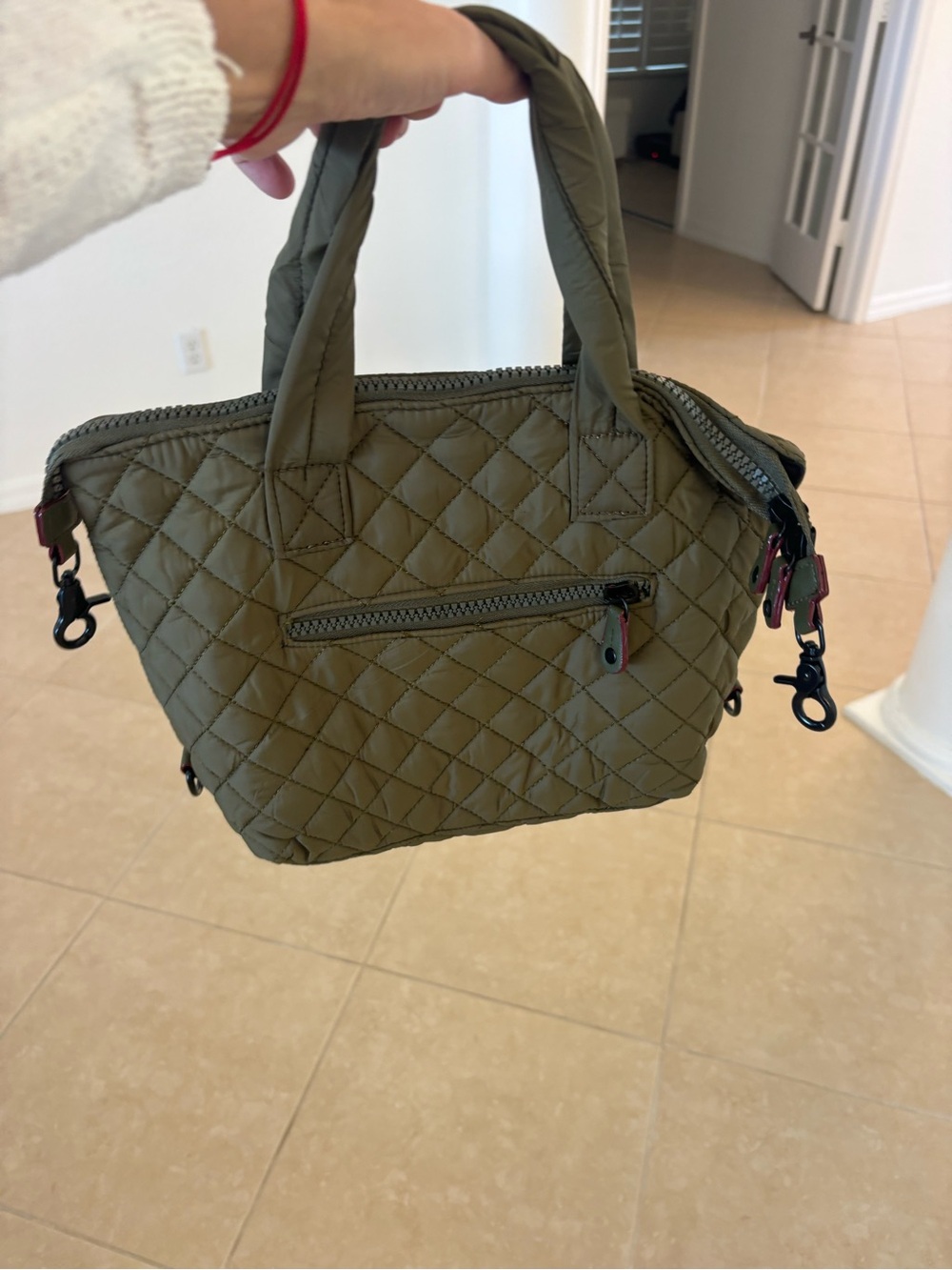 Quilted Military Green Women's Tote Bag with Top Handles - Picture 5 of 9